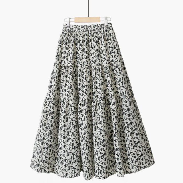 Spring Korean version of commuting high waist slim A-line large hem skirt umbrella skirt chiffon print French retro long skirt

