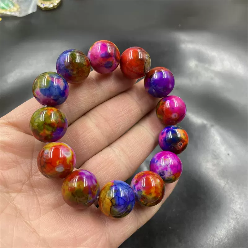 四海玉器16毫米七彩鳳羽明珠瑪瑙圓珠手錬彩色多寶珠瑪瑙手串