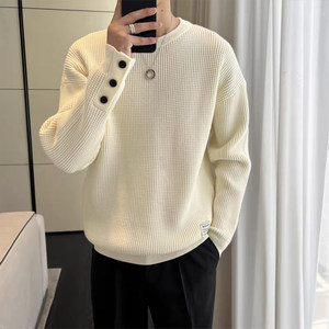 
450g heavy waffle plush men's sweatshirt 2025 new fashionable versatile top autumn inner bottoming shirt