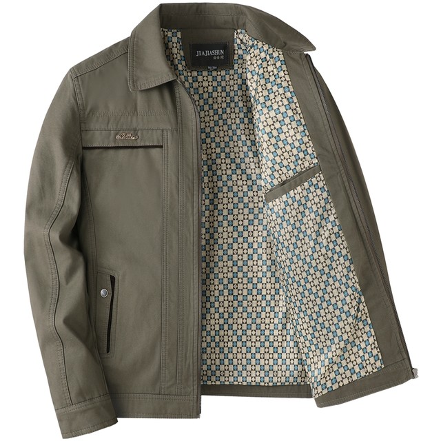 Middle-aged daddy spring and autumn pure cotton jacket middle-aged and elderly men's lapel business casual autumn cotton jacket