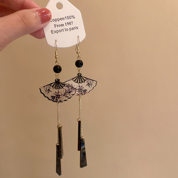 New Chinese style retro Chinese style ink fan-shaped tassel earrings temperament earrings new high-end personality temperament earrings