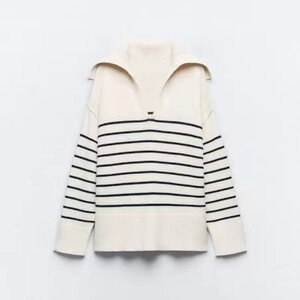 
Niu Niujia Spring and Autumn New Products European and American Navy Style Color-blocking Striped Lapel Wide Edition Long Sleeve Cotton Pullover Sweater 8006