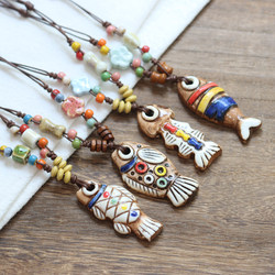 Jingdezhen Ceramic Fish Necklace Bohemian Style Ceramic Sweater Chain Women's Long Ethnic Style Small Fish Pendant 551