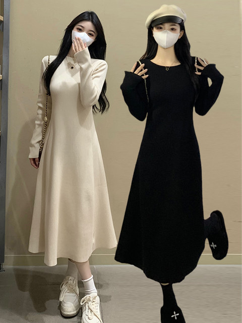 With coat A -line sweater skirt, big size fat MM autumn and winter new semi -high collar, bottoming knitted dress long skirt
