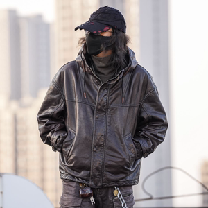 
C76089-Cow leather retro old style leather jacket men's genuine leather commuter hooded autumn and winter wide version casual jacket