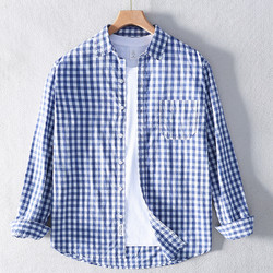 Spring and Summer Men's and Women's Couple Pure Cotton Thin Blue and White Plaid Long-Sleeved Shirt Casual Loose Sun Protection Clothing Trendy Shirt m