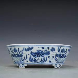 半額中国古玩 大明宣德 藍釉 留白魚藻紋 碗 全品 9.5×21.5 明