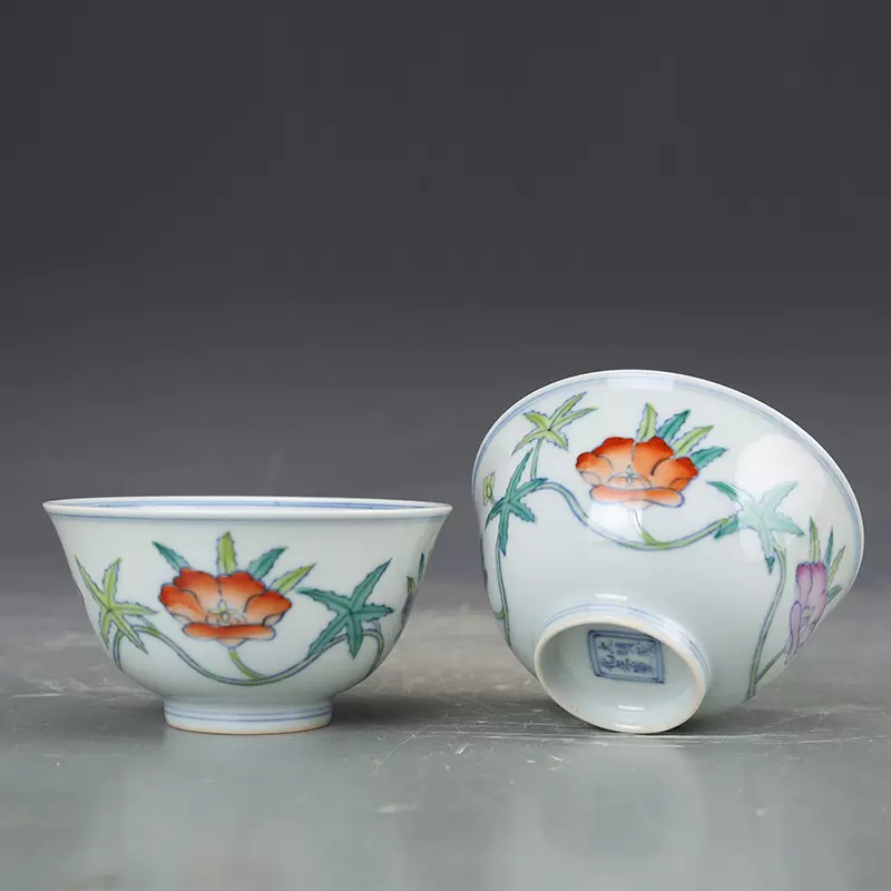 明成化瓷器斗彩花卉纹杯一对古董古玩明清老瓷器旧货老货收藏真品-Taobao