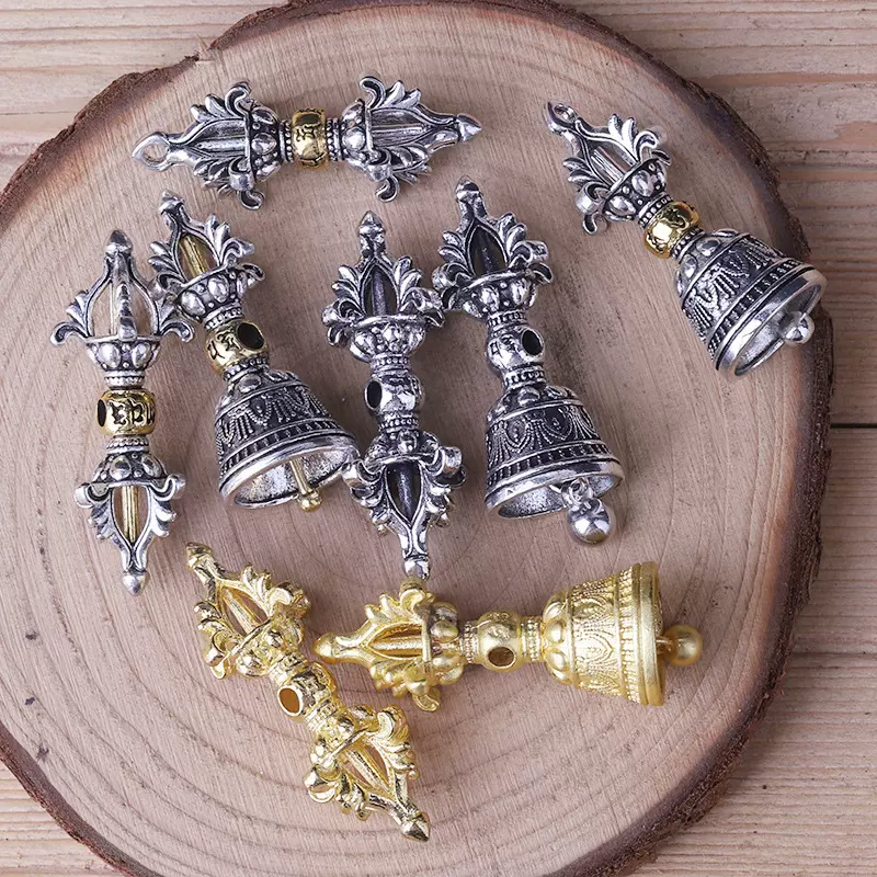 五股金剛杵月刀法器 鎏金法物 蔵出天然水晶刃