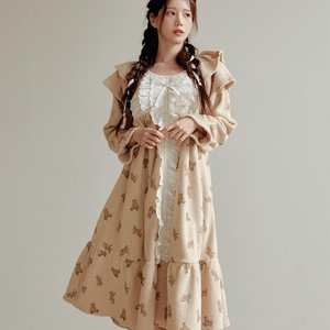 RDRE Sweet Cartoon Bear Nightdress for Women Autumn Long Sleeve Lace Cute Healing Home Clothes