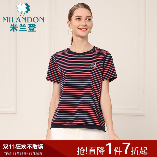 Milanden middle-aged and elderly mothers' new summer style round neck short-sleeved embroidered tops fashionable striped T-shirts for women thin