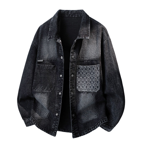 
Retro distressed denim men's jacket spring and autumn American fashion brand design lapel jacket teenagers men's clothing