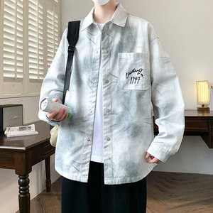 
Letter embroidered denim jacket for boys spring and autumn fashion trend tie-dyed long-sleeved shirt youth men's jacket
