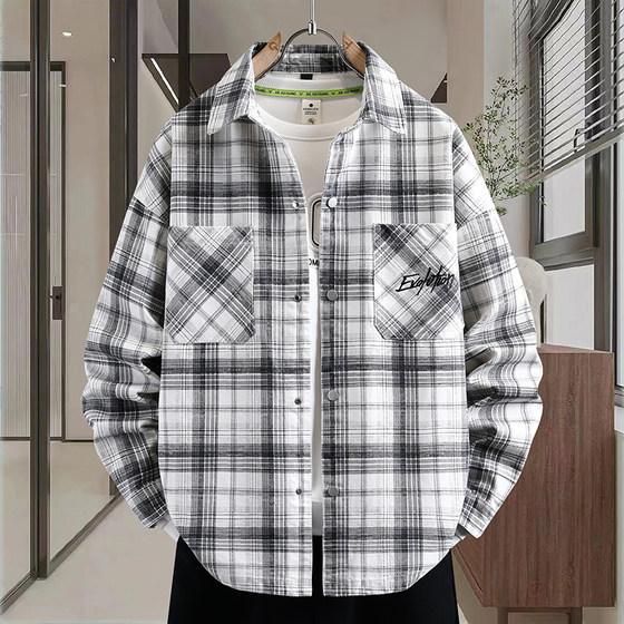 
Retro plaid long-sleeved shirt men's spring and autumn junior high school student denim jacket youth men's spring jacket