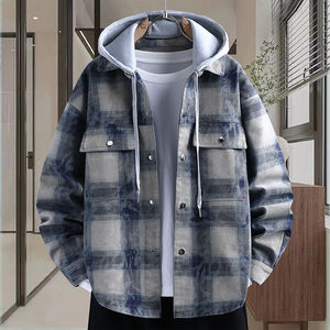
Spring and Autumn Plaid Denim Jacket Men's Big Children's Hooded Loose Casual Jacket Fashion Trendy Brand Teen Gown