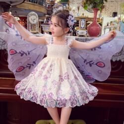 Girls' Dress Summer Wear 2026 New Style Kidsren's Butterfly Wing Suspender Dress Little Girl Performance Dress Princess Dress