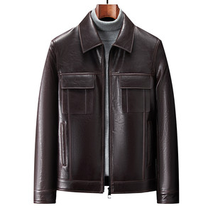 
Haining genuine leather jacket for men with lapel and multiple pockets for dad, young and middle-aged zipper sheepskin jacket, light luxury style jacket trend