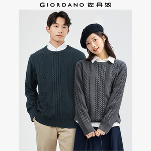 Giordano couples sweater men and women thickened retro cable round neck shirt machine washable sweater 18054613
