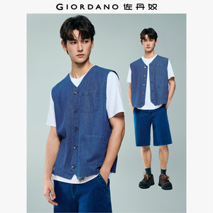 Giordano 2026 spring pure cotton V-neck multi-pocket thin denim vest jacket for men 13076314
