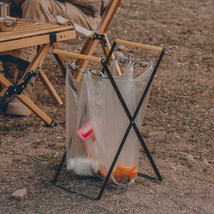 
Outdoor garbage bag hanger foldable kitchen debris storage rack plastic bag holder wooden handle iron garbage