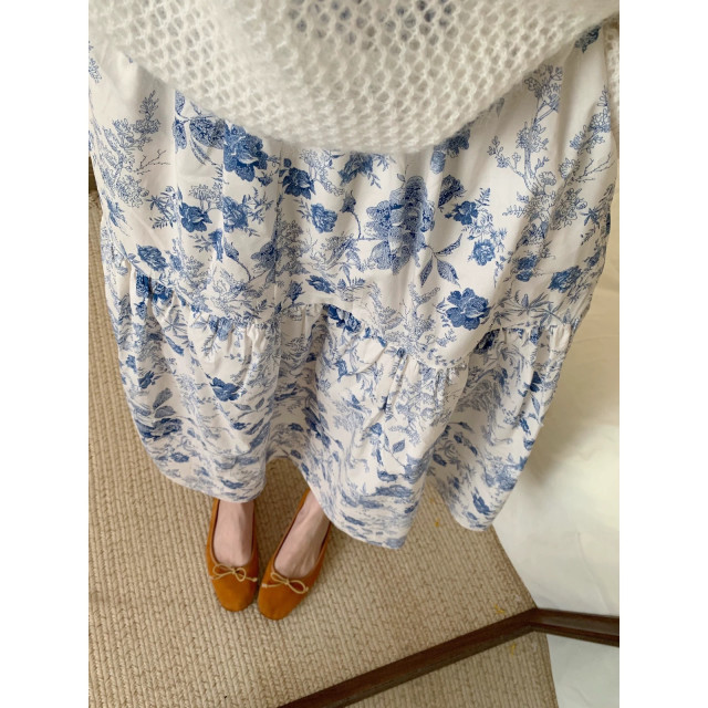 Dongdaemun's same style MM Studio French sweet ink printing elastic waist skirt for women's spring and summer mid-length skirt

