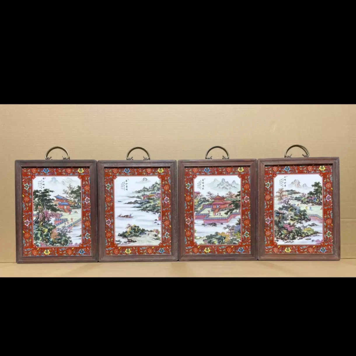 实木框镶红底珐琅彩开窗山水瓷板画挂屏装饰画