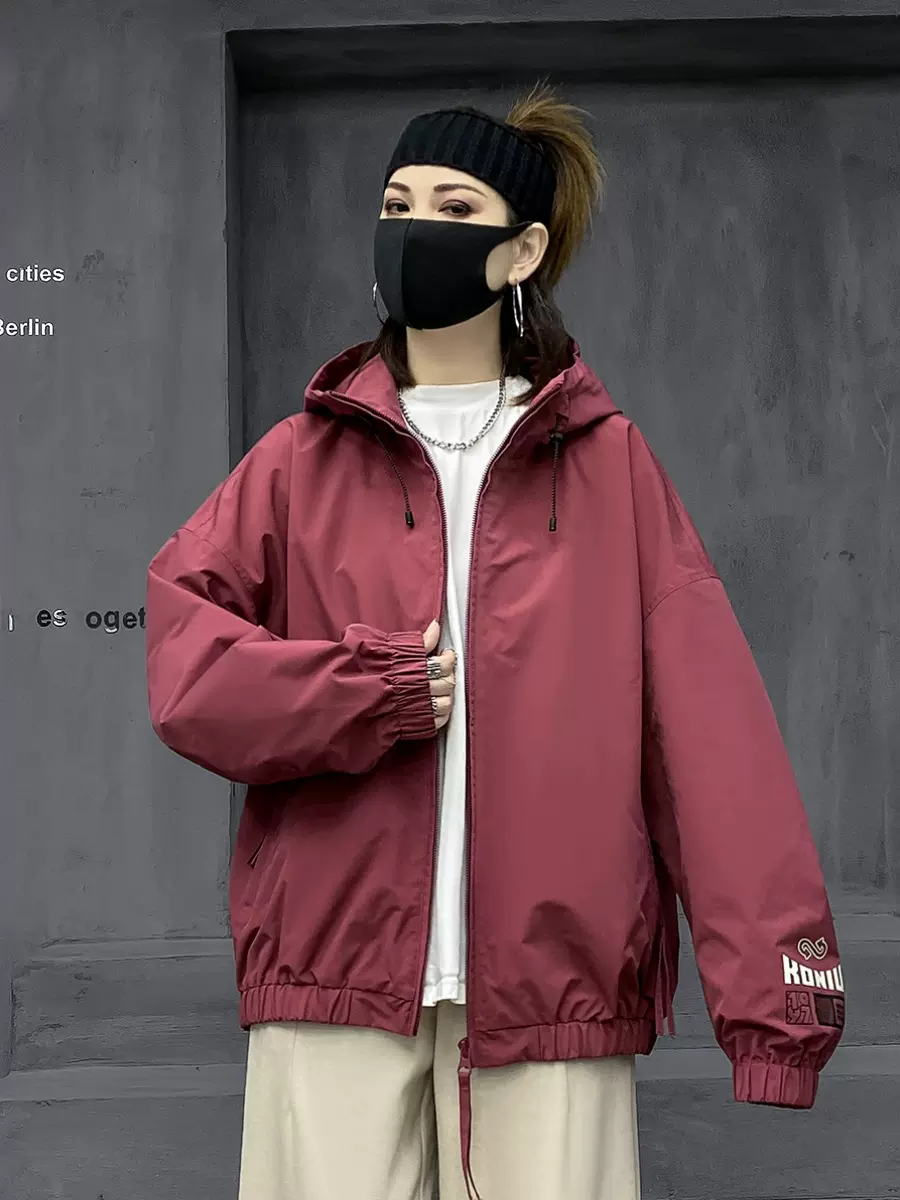 m家潮牌红色运动外套女2025春秋款纯色高街棒球服休闲连帽冲锋衣