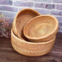 Vietnamese Rattan Candy Basket Storage Basket Fruit Basket Tray Wicker Basket Candy Storage Basket Round Three-Piece Set