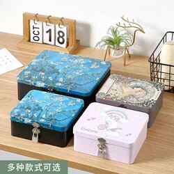 Storage Box Retro Tinplate Box with Lock Storage Box Key Desktop Cosmetics Storage Household Jewelry Box