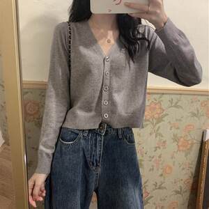 
Knitted sweater women's V-neck cardigan jacket short 2025 spring and autumn new style inner base sweater gray outer top