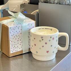 Women's High-Quality Colorful Star Ceramic Breakfast Mug, Coffee and Milk Cup, Gift Box Set, Gift for Girls