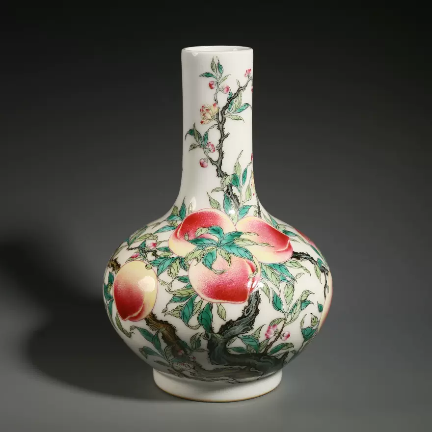 舊藏粉彩壽桃天球瓶粉彩賞瓶迴流瓷器手繪粉彩