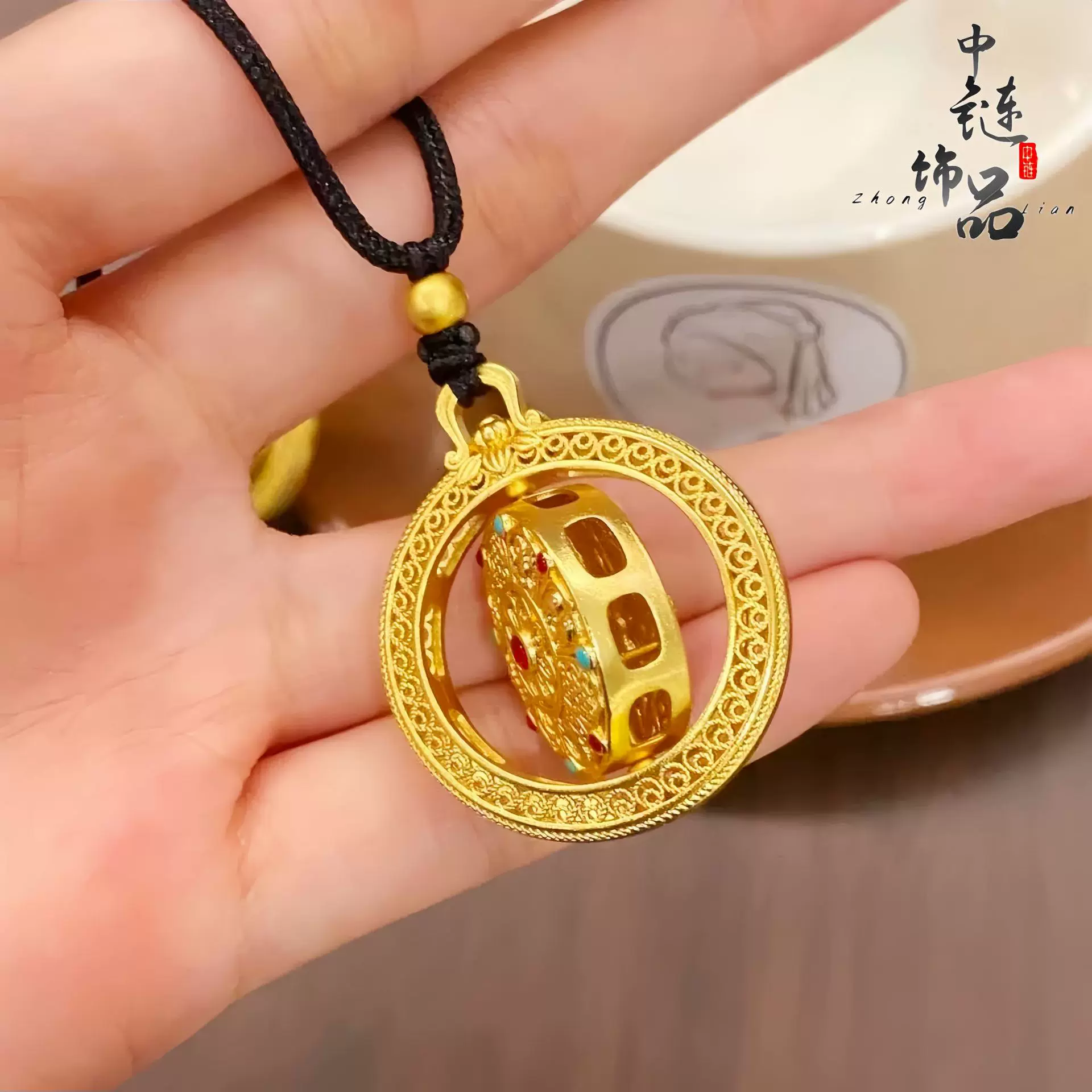直播同款高保色古法沙金珐琅彩时来运转可转动八宝罗盘吊坠女