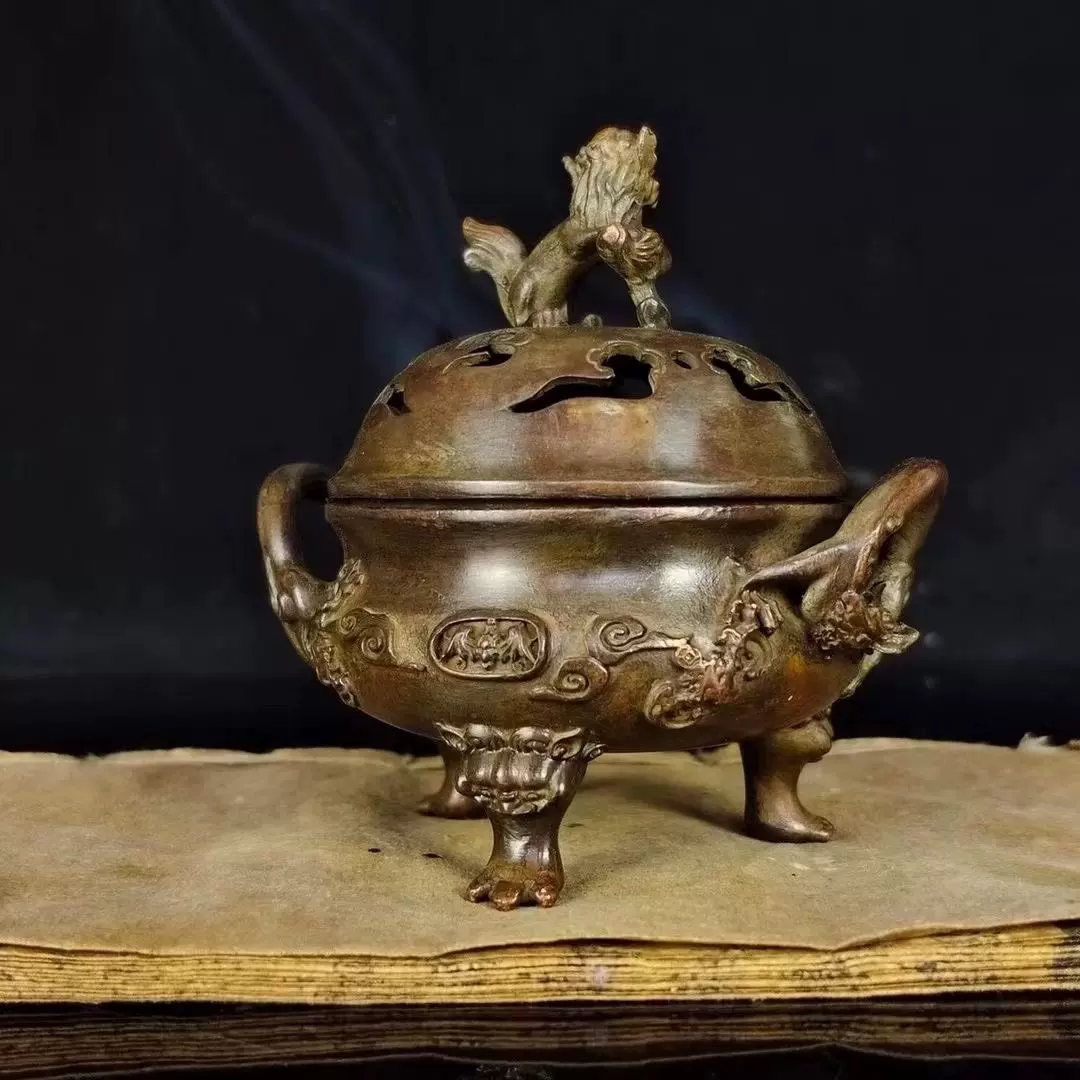 古玩铜器收藏狮盖香薰炉宣德三足炉家用室内檀香