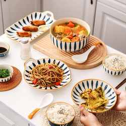 Chinese bowl and dish set striped tableware household ceramic bowl and dish hand-painted housewarming gift bowl plate bowl chopsticks and dish combination