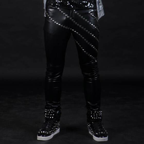 
New tight nightclub bar hand men's songs and clothes nailed leather pants men's vintage leather rivet pants Harley motorcycle