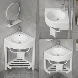 Triangular Washbasin for Bathroom, Ceramic Washbasin for Small Corner Spaces, Balcony Washstand with Thickened Stainless Steel Stand