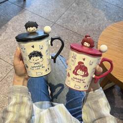 Cute Graffiti Ceramic Cup, Couple Style Mug with Lid and Spoon, Household Drinking Cup, Niche Design Breakfast Cup