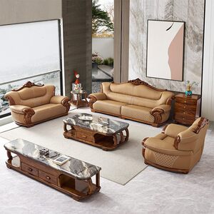 
New Chinese style ebony leather sofa living room combination large apartment villa office luxury solid wood 1234 sofa