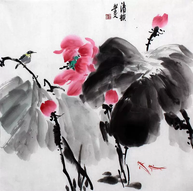 纯手绘真迹】保真国画拍卖名人字画水墨荷花db23《清韵》