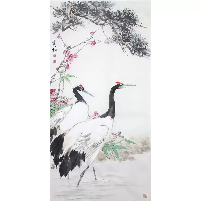 皐月鶴年 菩提樹佛法僧 花鳥図 水墨画 絹本 肉筆 まくり 和