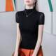 Half turtle neck double-layer mesh T-shirt for women short-sleeved slim 2024 summer new solid color versatile women stand-up collar shirt
