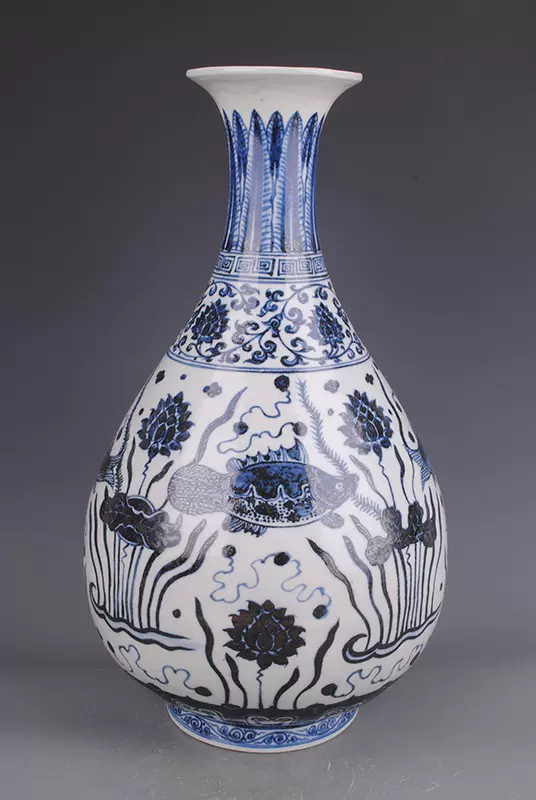 陶芸 明 宣德◆青花礬紅魚藻紋玉壺春瓶◆ 中国古董品 中国古美術 唐物古玩 置物 明宣德青花鱼藻纹玉壶春瓶