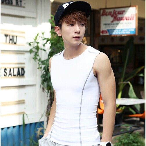 Customized summer and Korean version for men's slim fit, fashionable white round neck fitness sweat vest, tight fitting pure cotton solid color top