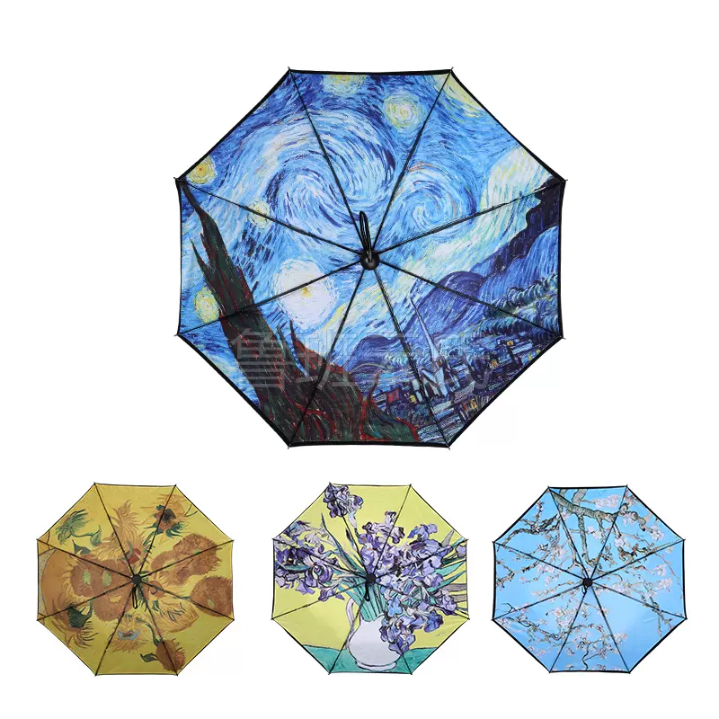 三折梵高伞星空伞全自动伞女用双层黑胶