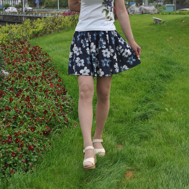 New spring and summer fresh cotton and linen short skirt puffy skirt commuter versatile linen printed beach big sling skirt