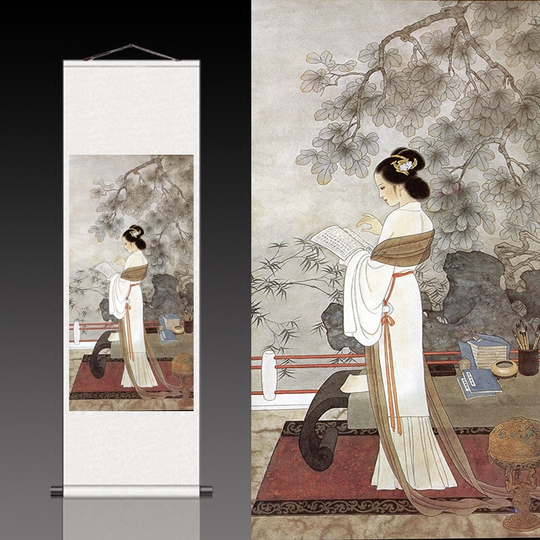 中国書画 巻物2点まとめ〈古美術風 インテリア〉 絹の巻物絵画 - 読書する婦人たち - レトロな中国美術