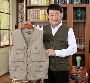 Middle -aged and elderly spring and autumn outdoor multi -pocket all -cotton -air -breathable vest, shoulder, shoulder, shoulder -length men's fishing photography vest