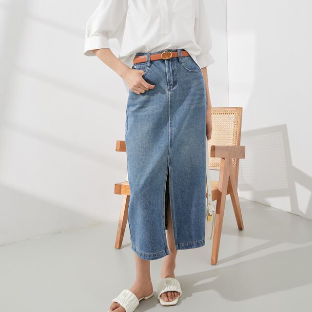 Mambe retro denim skirt for women in summer 2025 new high waist straight loose mid-length temperament large-size skirt