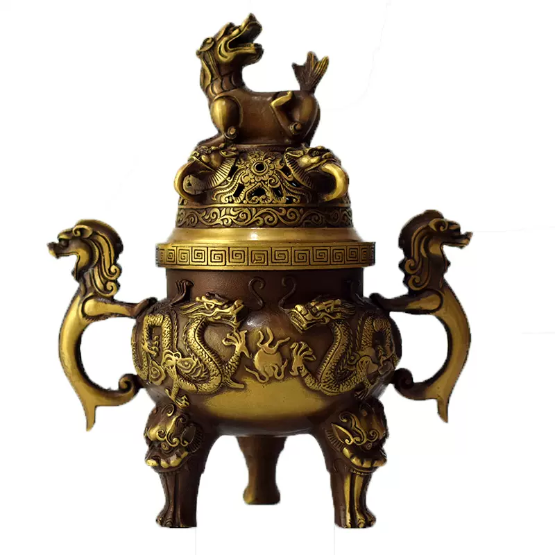 柔らかい 純銅香炉 真鍮ライオンのアロマストーブ 二龍戯珠薫香炉 置物